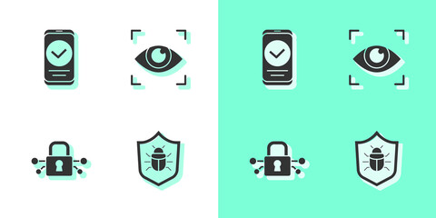 Set System bug, Smartphone, Cyber security and Eye scan icon. Vector