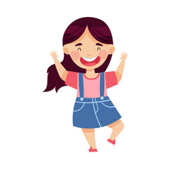 Smiling Girl Character Greeting Waving Hands Vector Illustration