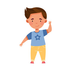 Smiling Boy Character Greeting Waving Hands Vector Illustration