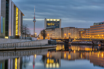 Dawn at the river Spree in Berlin with the Television Tower in the back