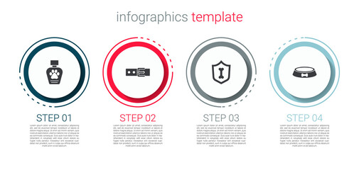 Set Pet shampoo, Collar with name tag, Animal health insurance and food bowl. Business infographic template. Vector