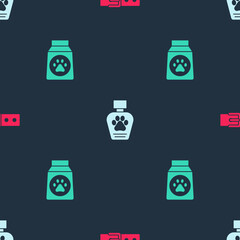 Set Collar with name tag, Pet shampoo and Bag of food on seamless pattern. Vector