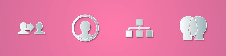 Set paper cut Project team base, Create account screen, Hierarchy organogram chart and icon. Paper art style. Vector