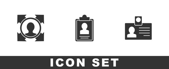 Set Head hunting, Clipboard with resume and Identification badge icon. Vector