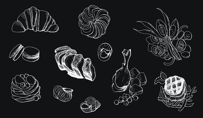Obraz premium French cuisine dishes set. Line art. Black background.
