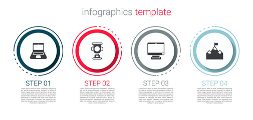 Set Laptop, Award cup, Computer monitor and Mountains with flag. Business infographic template. Vector