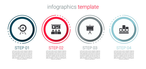 Set Target with arrow, Training, presentation, Chalkboard and Ranking star. Business infographic template. Vector