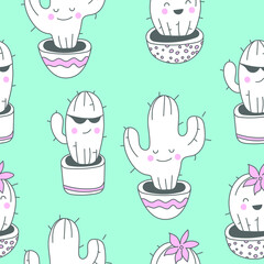 Seamless pattern with cactus on blue background.