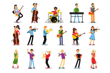 Man and Woman Musicians Playing Musical Instruments Vector Illustration Set