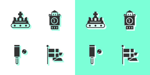 Set England flag on flagpole, British crown, Wood cricket bat ball and Big Ben tower icon. Vector