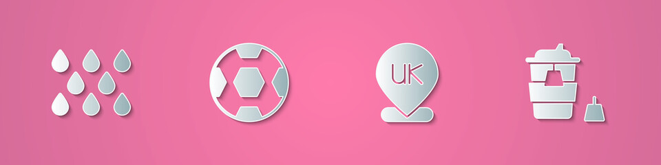 Set paper cut Water drop, Football ball, Location England and Coffee cup to go icon. Paper art style. Vector