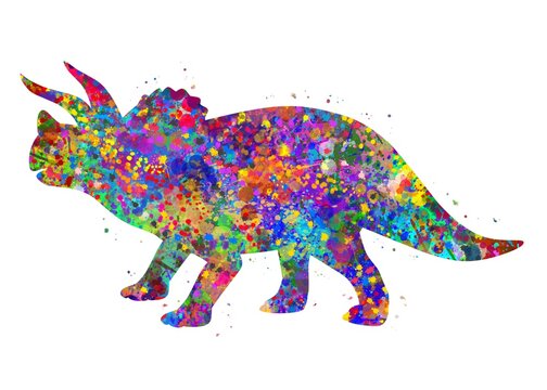 Triceratops dinosaur watercolor art, abstract animal painting. kids dinosaur art print, watercolor illustration rainbow, colorful, decoration wall art.	