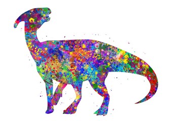 Parasaurolophus dinosaur watercolor art, abstract animal painting. kids dinosaur art print, watercolor illustration rainbow, colorful, decoration wall art.  © Yahya Art