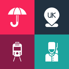 Set pop art British soldier, Tram and railway, Location England and Umbrella icon. Vector