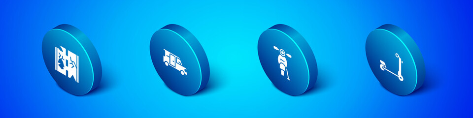 Set Isometric Broken road, Scooter, and Minibus icon. Vector