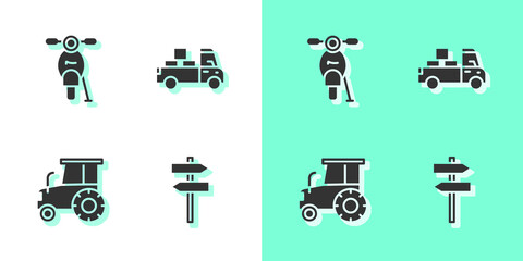 Set Road traffic signpost, Scooter, Tractor and Delivery truck icon. Vector