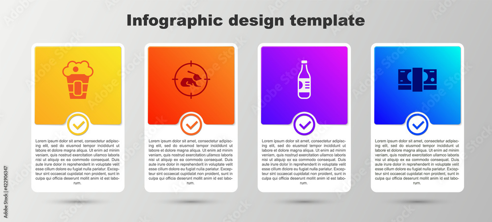 Sticker Set Popcorn in box, Hunt on rabbit with crosshairs, Bottle of water and Stacks paper money cash. Business infographic template. Vector