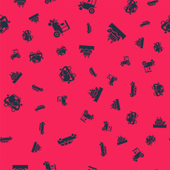 Set Hatchback car, Tractor, Car and Cruise ship on seamless pattern. Vector