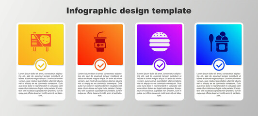 Set Amusement park billboard, Paper glass with water, Burger and Ice cream in bowl. Business infographic template. Vector