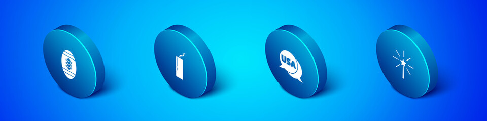 Set Isometric American Football ball, USA label, Firework and Dynamite bomb icon. Vector