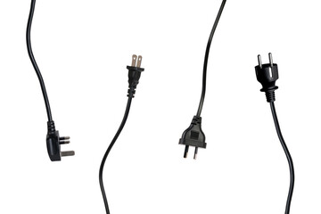 Four international black power plugs, isolated on white studio background