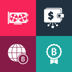 Set pop art Bitcoin, Globe, Cryptocurrency wallet and Video graphic card icon. Vector