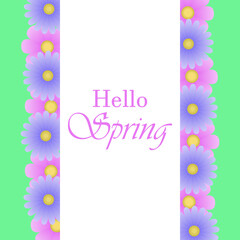 Hello spring design. Banner with white rectangle and flowers on green background. Template for postcard, backdrop, poster, greeting card, brochure, flier
