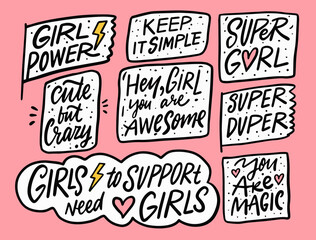 Woman and girl motivation lettering phrases set. Hand drawn colorful style.