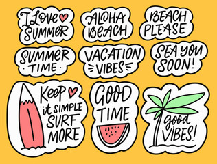 Summer vacation and vibes lettering phrases set. Hand drawn colorful doodle style.