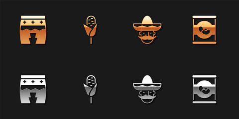 Set Huehuetl, Corn, Mexican man sombrero and Beans in icon. Vector