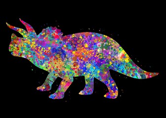 Triceratops dinosaur watercolor art with black background, abstract animal painting. kids dinosaur art print, watercolor illustration rainbow, colorful, decoration wall art. © Yahya Art