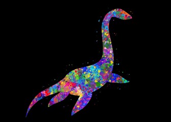 Plesiosaurus dinosaur watercolor art with black background, abstract animal painting. kids dinosaur art print, watercolor illustration rainbow, colorful, decoration wall art. © Yahya Art