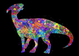 Parasaurolophus dinosaur watercolor art with black background, abstract animal painting. kids dinosaur art print, watercolor illustration rainbow, colorful, decoration wall art. © Yahya Art