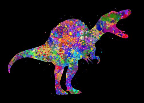 Spinosaurus dinosaur watercolor art with black background, abstract animal painting. kids dinosaur art print, watercolor illustration rainbow, colorful, decoration wall art.