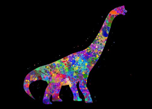 Brachiosaurus dinosaur watercolor art with black background, abstract animal painting. kids dinosaur art print, watercolor illustration rainbow, colorful, decoration wall art.