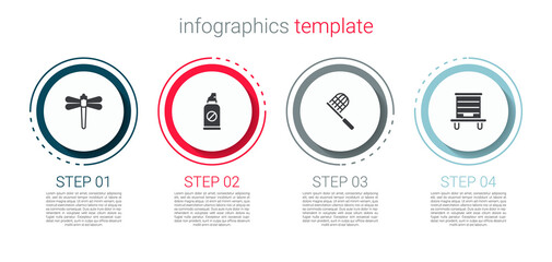 Set Dragonfly, Spray against insects, Butterfly net and Hive for bees. Business infographic template. Vector