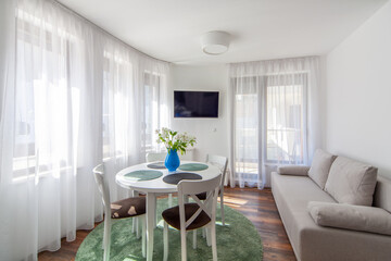 New modern living room. New home. Interior photography. Wooden floor.
