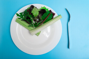 Intermittent fasting, diet concept. Figurative image of meal time. Fresh vegetables on a white plate as a clock face on a light blue background.