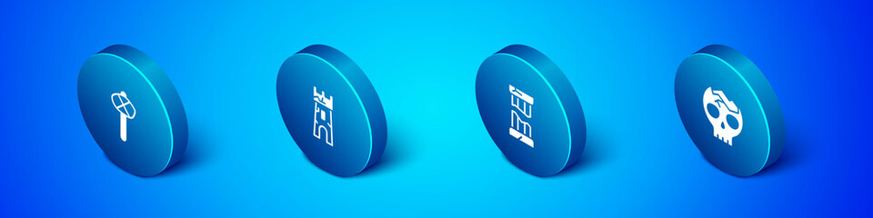 Set Isometric Stone age hammer, Broken ancient column, human skull and Castle tower icon. Vector