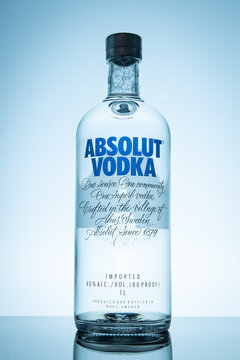 Varna, Bulgaria - AUGUST 18, 2020: Bottle of Swedish vodka Absolut. Absolut vodka was established in 1879 by Lars Olsson Smith in &Aring;hus, Sweden.