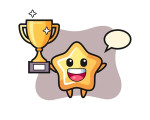 Cartoon Illustration of star is happy holding up the golden trophy