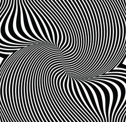  Line art optical art. Psychedelic background. Monochrome background. Optical illusion style. Black dark background. Modern pattern. Abstract graphic texture. Graphic ornament. Vector template