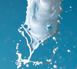 Splashes of white milk isolated on a blue background.