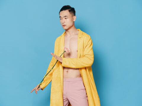 Romantic Man With Flower In Yellow Coat Nude Torso Pink Pants