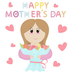 mom in a pink dress holds a huge bouquet of flowers for the holiday - mothers day, vector illustration, happy mothers day