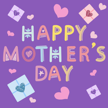 vector card in flat style on purple background - happy mothers day, hearts, cute lettering