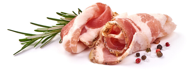 Smoked pork brisket, bacon slices, isolated on white background