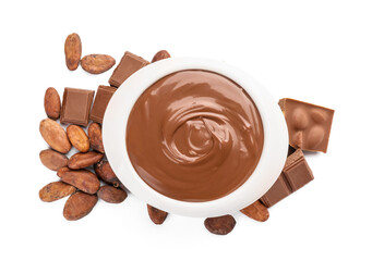 Bowl of tasty melted chocolate on white background