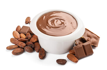 Bowl of tasty melted chocolate on white background