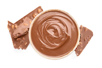 Bowl of tasty melted chocolate on white background